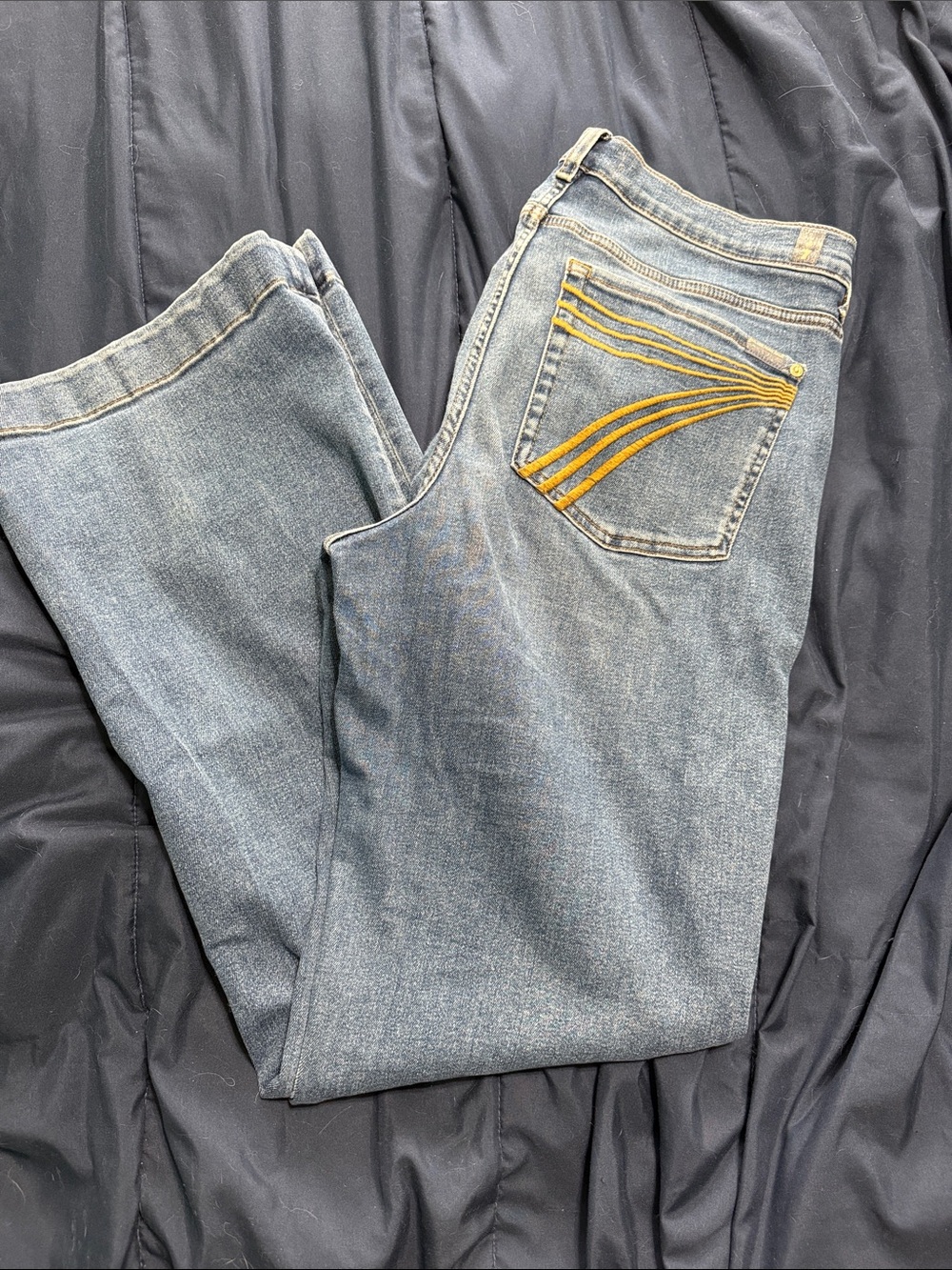 7 For All Mankind Light Blue Flared Jeans with Yellow Back Stitching